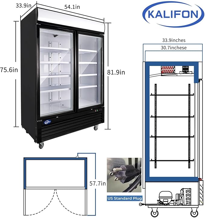 49 Cu.Ft Commercial Refrigerator, 54" Display Merchandiser, 2 Glass Door Reach-in Upright Beverage, Black Upright Fridge Cooler with LED Lighting for Restaurant Kitchen, Black