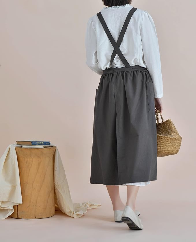 VLZUFE Women Cotton Linen Cross Back Apron with Pockets for Gardening Works Pinafore Dress
