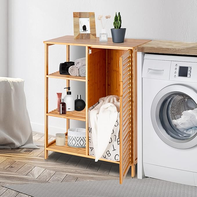 Tangkula Bamboo Bathroom Floor Cabinet, Storage Cabinet with Shutter Door and 3 Tier Shelves, Freestanding Bathroom Cabinet for Living Room Kitchen Hallway, Natural