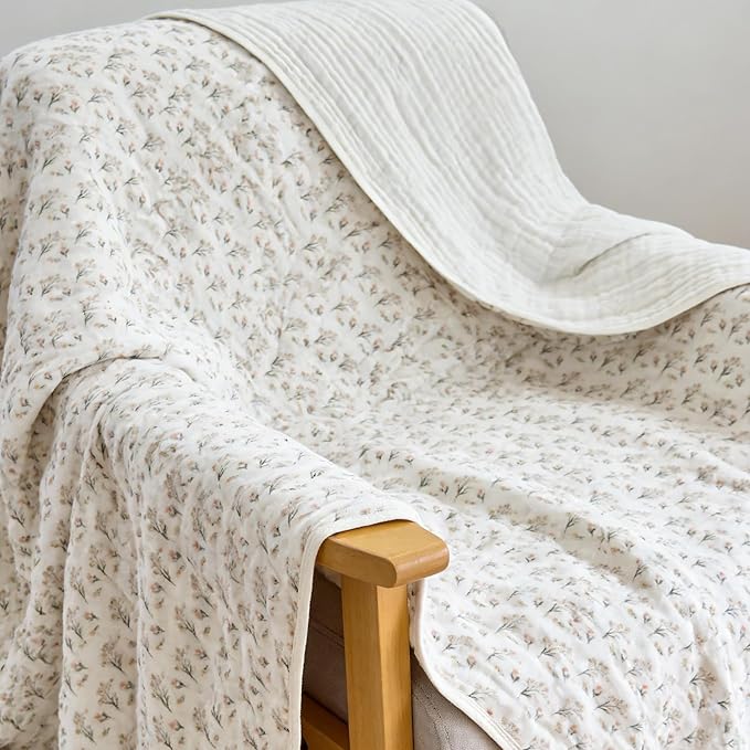SANACYNA Muslin Blanket 100% Cotton 6-Layer Gauze Floral Bed Blanket Lightweight Soft Breathable Cooling Blanket for Sofa Couch Bed Coverlet Both Sides (Floral A, Throw 50"x60")