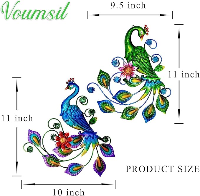Voumsil Metal Peacock Wall Art Outdoor Wall Decor Tropical Wall Sculpture for Patio Balcony Garden Fence Art Living Room Bedroom Indoor Outdoor 2PCS
