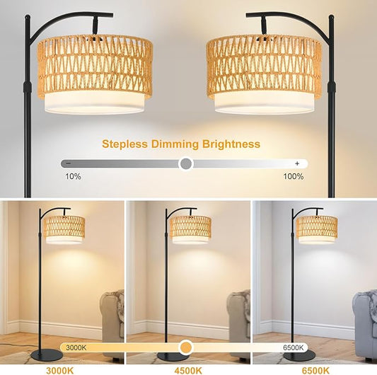 Bohemian Rattan Floor Lamp for Living Room - Black Arc Design, 12W LED (1 in use + 1 Spare), Remote & Dimmable 3 - Color Temp, Tall Standing Lamp