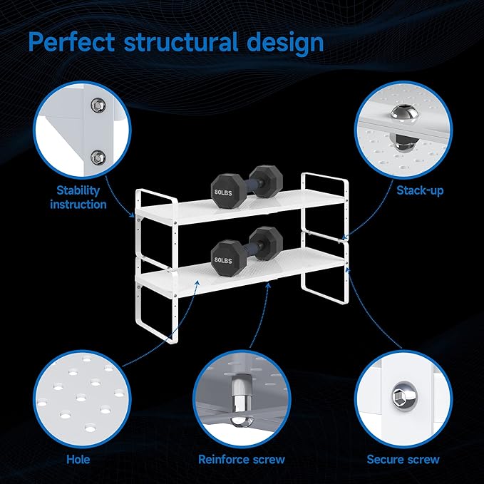 Expandable Cabinet Shelf Organizer Adjustable Metal Spice Rack Stackable Freestanding Counter Storage Shelves for Kitchen Cabinet Under Sink Office Desk (White - 1Pack - L16.5-27'' * W8'' * H9.6'')