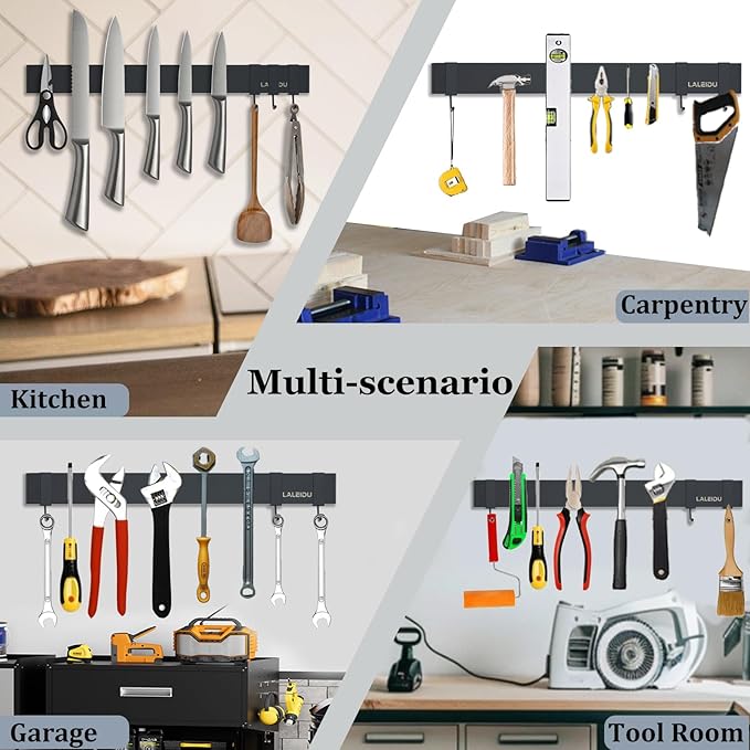 Magnetic Knife Holder for wall, 16 Inch Knife Magnetic Strip with 3 Hooks, black Knife Holder Magnet Rack for Kitchen Organizer, Mount with Adhesive or Screws
