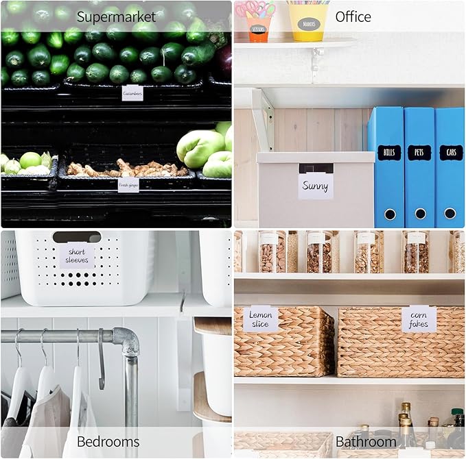 34 Pcs Basket Labels Clip on Set, Include 32 Kitchen Clip Label Holder Removable Storage Bin Labels with 2 Black Marker for Storage Bins Organization Box (White)