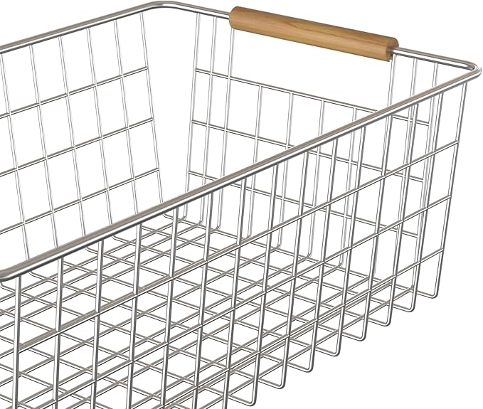 3 Pack Wire Storage Baskets for Organizing,Household Pantry Storage Freezer Baskets with Wooden Handles,Metal Storage Baskets for Bathroom, Laundry, Garage,Sliver