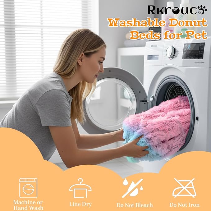 Fluffy Dog Bed Calming Donut Beds for Large Dogs Warming Round Small Medium Pet Nest Cozy Cat Mattress Indoor Washable Puppy Kennel Kittens Sleep Mat (S, 23.6×23.6 inch, Rainbow)