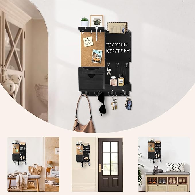 Key Holder Wall Mount, Mail Organizer Key Holder for Wall with Shelf, Drawer, Chalkboard, Corkboard, Home Decor Mounted for Room Entryway (Black)