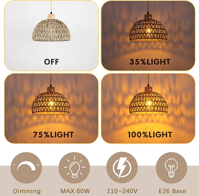 Hand-Woven Pendant Light, 11.8" Dome Rattan Pendant Lighting Fixture Wicker Ceiling Farmhouse Basket Hanging Lamp Boho Coast Chandelier for Kitchen Island Dining Room Sink Hallway Entrance
