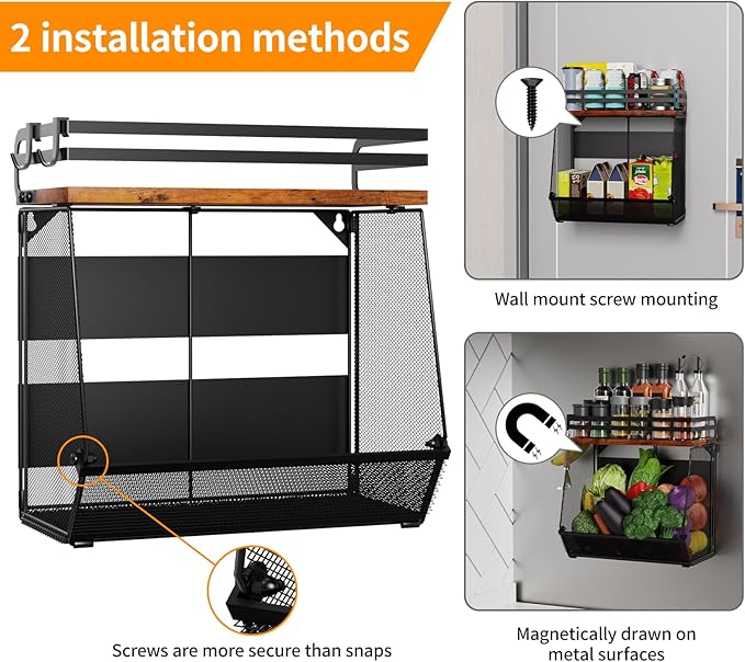 Magnetic Shelf for Fridge with Wood Lid - Magnetic Spice Rack for Refrigerator, Mesh Design Large Shelf Basket, Shelves for Kitchen Pantry Storage Organizer for Food Fruit Veg (1Pack)