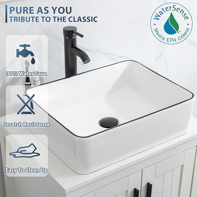 eclife 48" Modern Bathroom Vanity Sink Combo Freestanding Cabinet with Small Side Cabinet, White Black Ceramic Vessel Sink, Water Save Faucet, Drain (Black+T03BK)