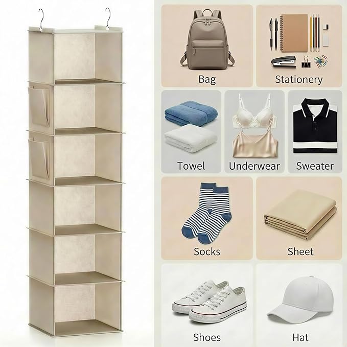6-Shelf Hanging Closet Organizer with Side Pockets, Closet Hanging Storage Shelves for Clothes, Shoes & Accessories, Space-Saving Wardrobe Storage Solution,Send Goods from Local Warehouse
