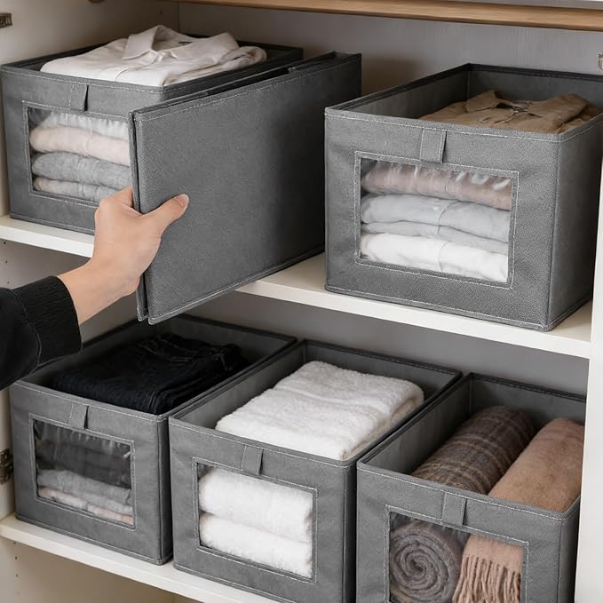 6 Pieces Oxford Cloth Storage Bins with Clear Window, Shelf Basket Closet Clothes Organizer Storage Containers for Organizing Shelves Wardrobe Office Clothing Books