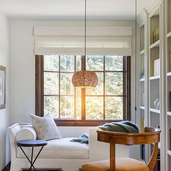 HuisMier Rattan Plug in Pendant Light Boho Hanging Lights with 15 Ft Plug in Cord & Dimmable Switch, Hand Woven Lampshade Boho Hanging Lamp for Kitchen Island Dining Room Bedroom