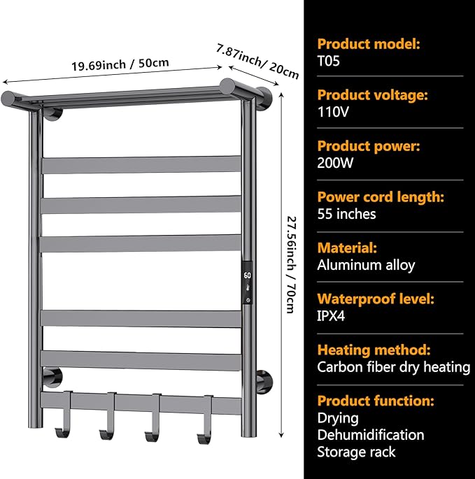 Heated Towel Rack for Bathroom, Towel Warmer Rack, Wall Mounted Wired Heated Towel Rack, with Timer and Temperature Adjustment, Overheat Protection Function, Aluminum Alloy