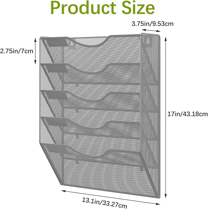 EasyPAG Wall File Organizer 5 Tier Hanging Paper Folder Holder, Zero Assembly Metal Mesh Wall Mounted Mail Organizer for Office Home Classroom Narrow Spaces, Silver