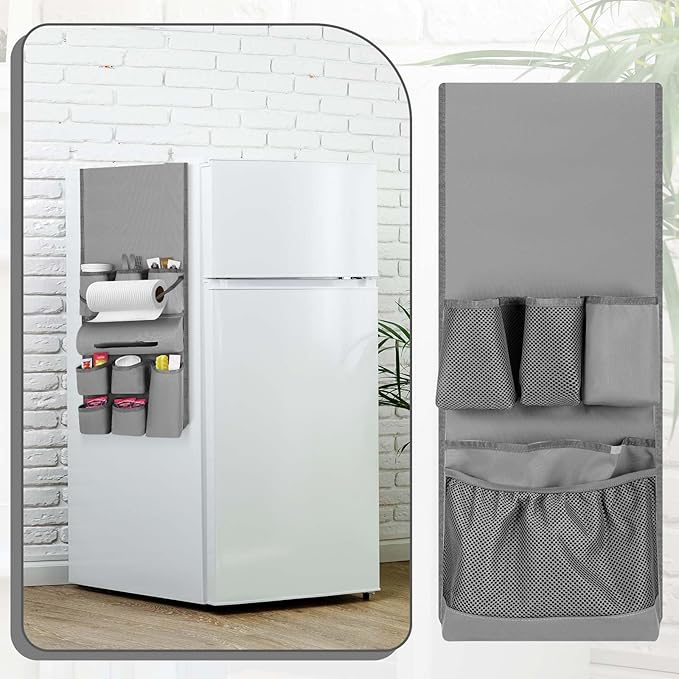 Weysat Mini Fridge Organizer with 14 Pockets Dorm Essentials Dust Cover for Household Refrigerators Mini Fridge Hanging Caddy Organizer Storage Bag for Kitchen Dorm Office Home School (Gray)