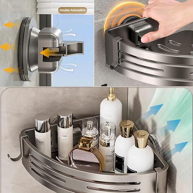 2Pcs Corner Shower Shelf Caddy Suction Cup, No Drill Hole with Towel Bar and Hook, Gray Bathroom Storage Rack, Zero Drill Triangle Shelves, Store Toiletries and Bath Towel for Bathroom Kitchen RV