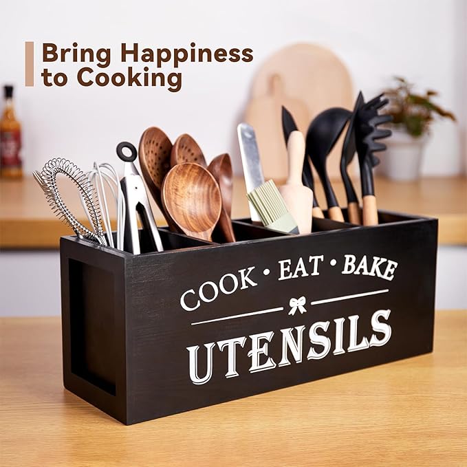 Utensil holder for Kitchen Counter Large Round Utensils Holder with Wooden Base Matte Black Cooking Utensil Holder,Kitchen countertop Utensil Organize (Black-4 Compartments)