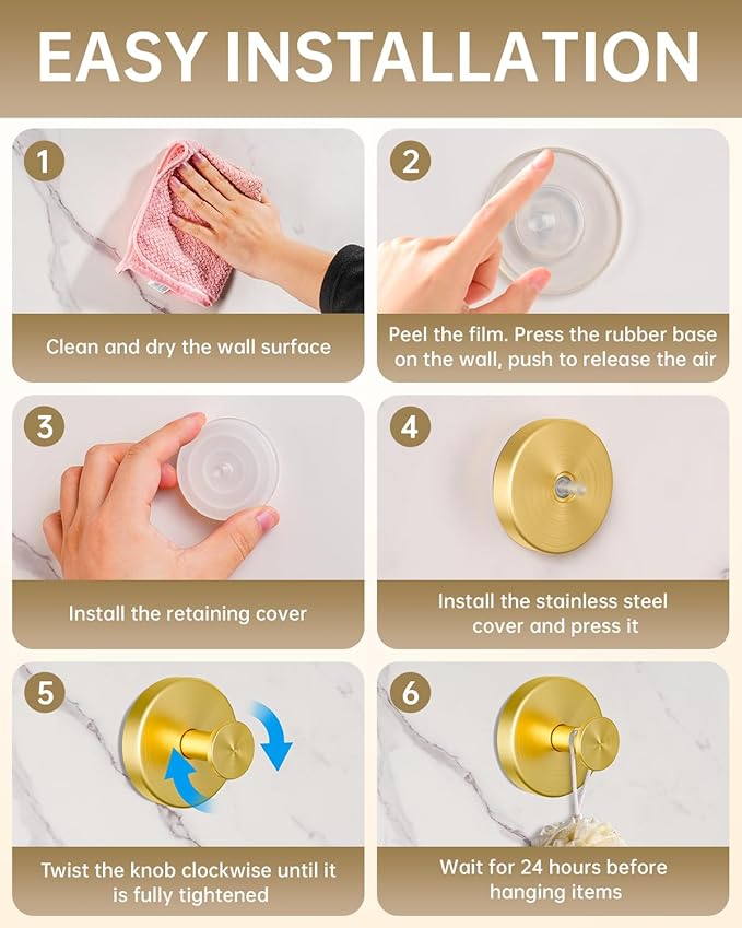 Suction Cup Hooks for Shower, Suction Cup Hooks for Door Wreaths, Robe Towel Hooks Heavy Duty for Bathroom Hanging, Windows, Kitchen, Glass, Mirror, No Drilling, 6 Pack (Gold)