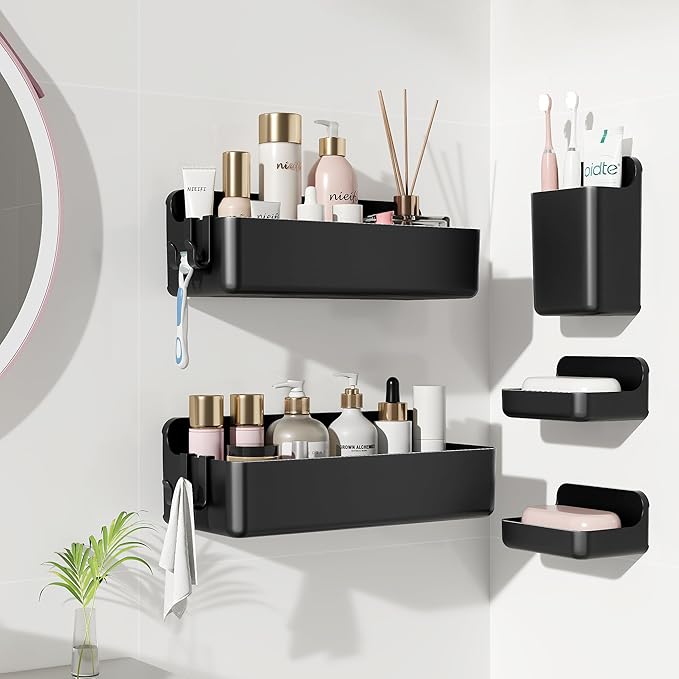 Shower Shelves 5 Pack — Adhesive Shower Wall Shelf Organizer for Bathroom Organization, Black