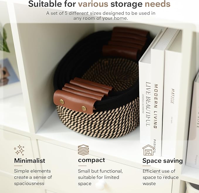 5 Piece Storage Baskets Small Woven Basket with Detachable Leather Handle, Cotton Rope Shelf Baskets for Closet Organizers, Different Sizes Basket Decor, Black Brown