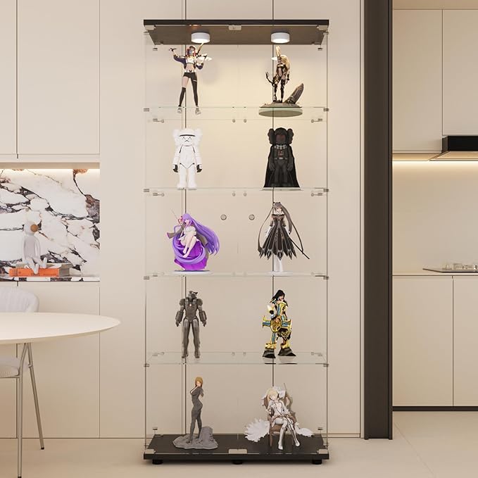 LFT HUIMEI2Y Glass Display Cabinet 5-Shelf with LED Lights and Lock, 2 Door Curio Cabinets Upgraded Quick-Install Style Tempered Glass Floor Standing Bookshelf for Living Room, Bedroom, Kitchen Black