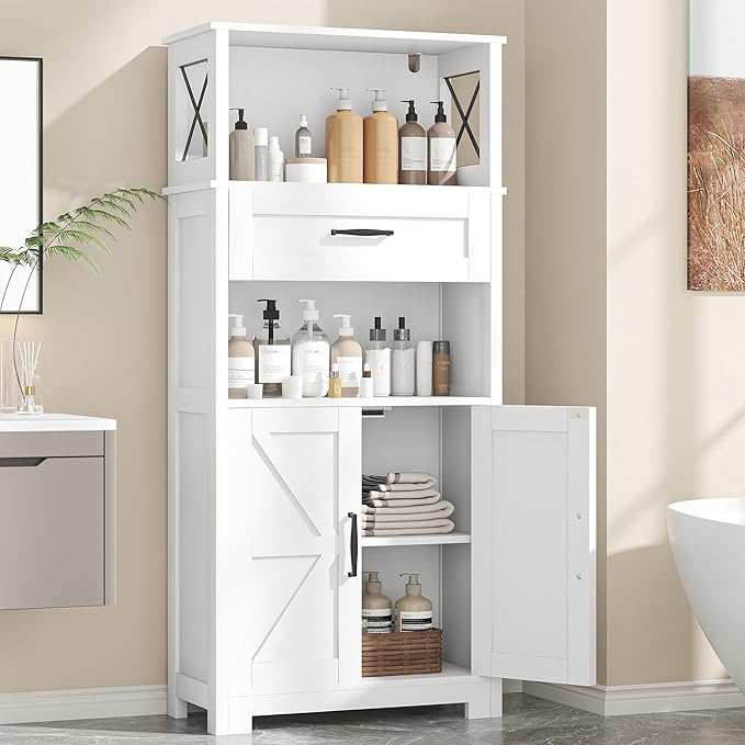 Semoic 55" Farmhouse Kitchen Pantry Cabinet, 5-Tier Pantry Storage Cabinet with 2 Barn Doors and Drawer, Tall Sideboard Buffet Cupboards Storage Shelf for Home Office Use (White 12" D x 24" W x 55" H)