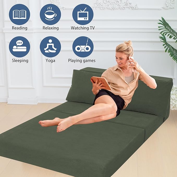 Sofa Bed Foldable Mattress ,Folding Sleeper Sofa Chair Bed Floor Mattress with Pillow for Living Room Home Office (Green-Corduroy, Twin XL)