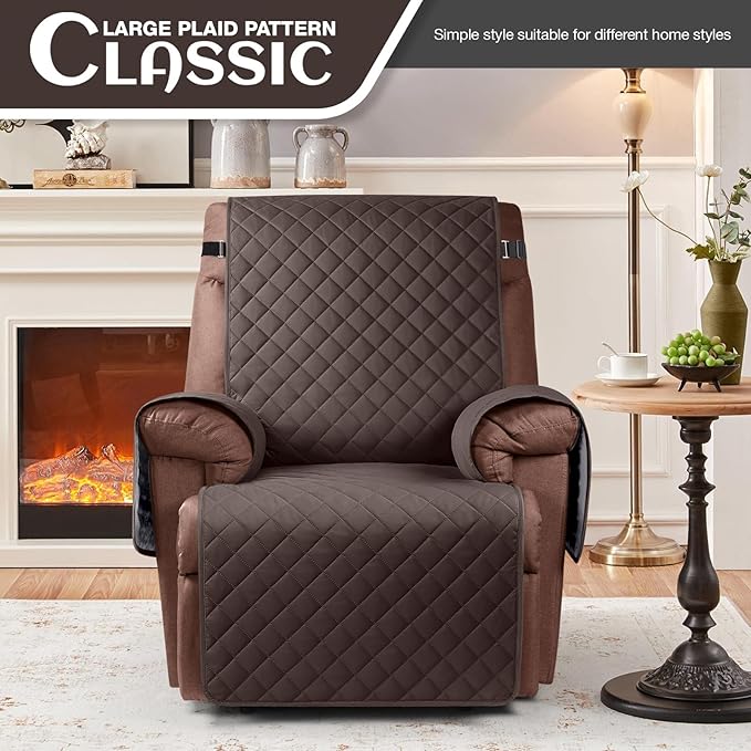 KinCam 100% Waterproof Recliner Chair Cover, Reclining Couch Covers for Pets, Dogs, Recliner Couch Slipcover Furniture Protector with Elastic Straps for Kids(28", Chocolate)