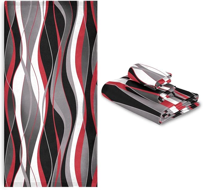 3 Piece Red Black Striped Bath Towels Set,Microfiber Absorbent White Grey Abstract Modern Minimalist Towels for Bathroom,1 Bath Towel,1 Hand Towel,1 Washcloth,Decorative Bathroom Towels