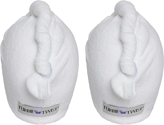 Turbie Twist 2-Pack Microfiber Hair Towel for Beauty, Travel, Gifting - Hair Wrap Turban for Straight, Wavy & Curly Hair - Premium Personal Care - White & White