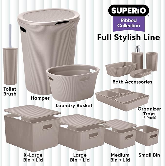 Decorative Plastic Basket Open Home Storage Bins Organizer, Large Taupe (2 Pack) Container Boxes for Organizing Closet Storage Bins for Shelves Drawer Shelf - Ribbed Collection 15 Liter/16 Quart