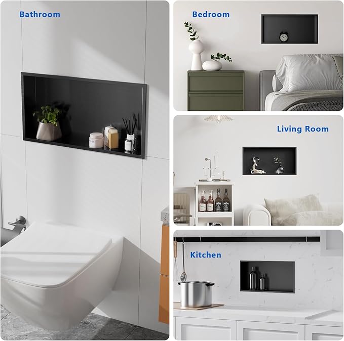 QAOYEDE Shower Niche No Tile Needed 24"x12", Stainless Steel Niche for Shower, Recessed Showers Shelf for Bathroom Storage, Dark Grey Black
