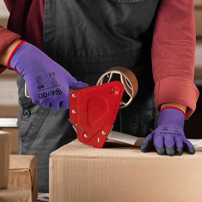 Work Gloves for Men and Women,12 Pairs Seamless Knit PU Coated Safety Gloves, with Smooth Grip on Palm and Fingers, Ideal for Light Warehouse, Manufacturing, Gardening, KG11P (XS, Purple)