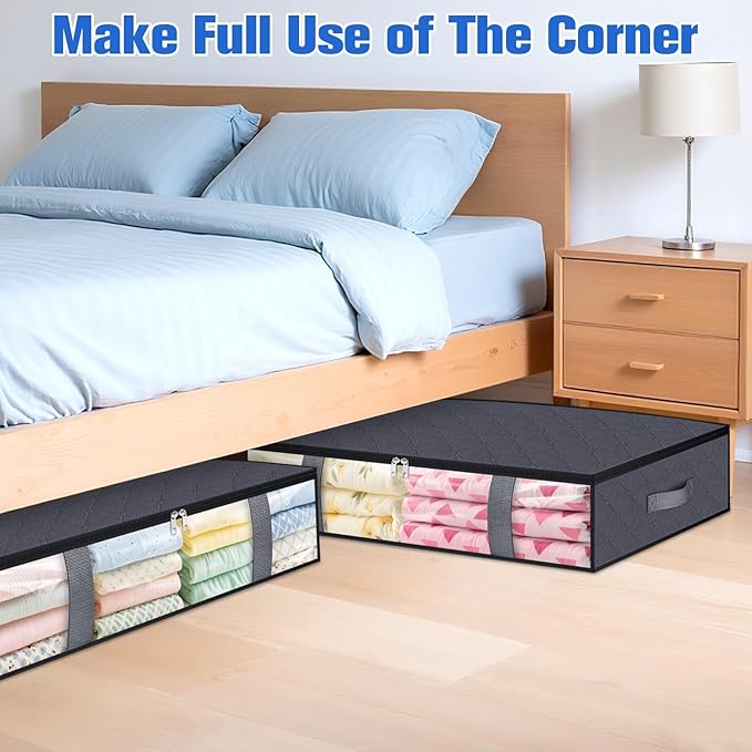 Under Bed Storage Containers, 8 Pack Blanket Storage Bags, Collapsible Storage Bags with Big Zippers, Clear Front, Shoe Storage and Organization for Clothes, Comforter, 75L, Grey