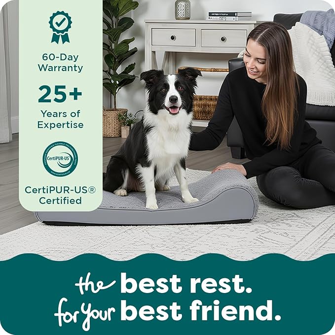 FurHaven Orthopedic Dog Bed for Large Dogs, Luxe Lounger Contour Mattress with Medical-Grade Solid Orthopedic Foam for Joint Support, Removable Washable Cover, Large, Plush Suede, Gray