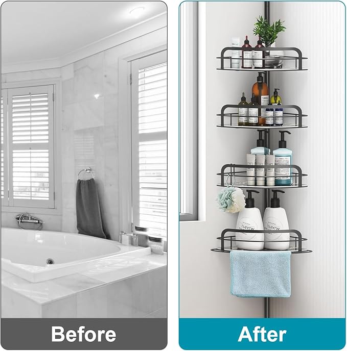 Corner Shower Caddy Tension Pole, Upgraded Adjustable Corner Shower Caddy Organizer with Hooks, 4-Tier Shelf Inside Shower Bathtub Organizers & Storage, Thickend Rustproof Steel, 33 to 116 Inch Height