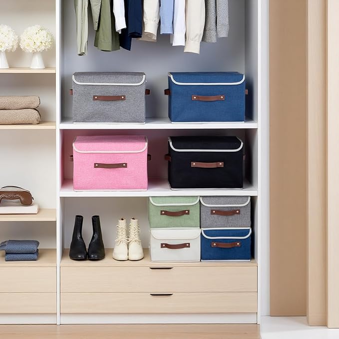 Collapsible Storage Boxes Baskets with Lid Cotton Linen Fabric Storage Bins with Faux Leather Handles Decorative Washable Cube Organizer Container for Home Closet Bedroom (Green, Small Size)