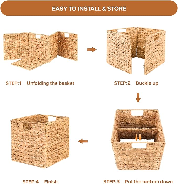 12inch Wicker Storage Cubes, Water Hyacinth Storage Baskets with Handles, Natural Foldable Square Storage Baskets for Shelves, Wardrobes, 2 Pack