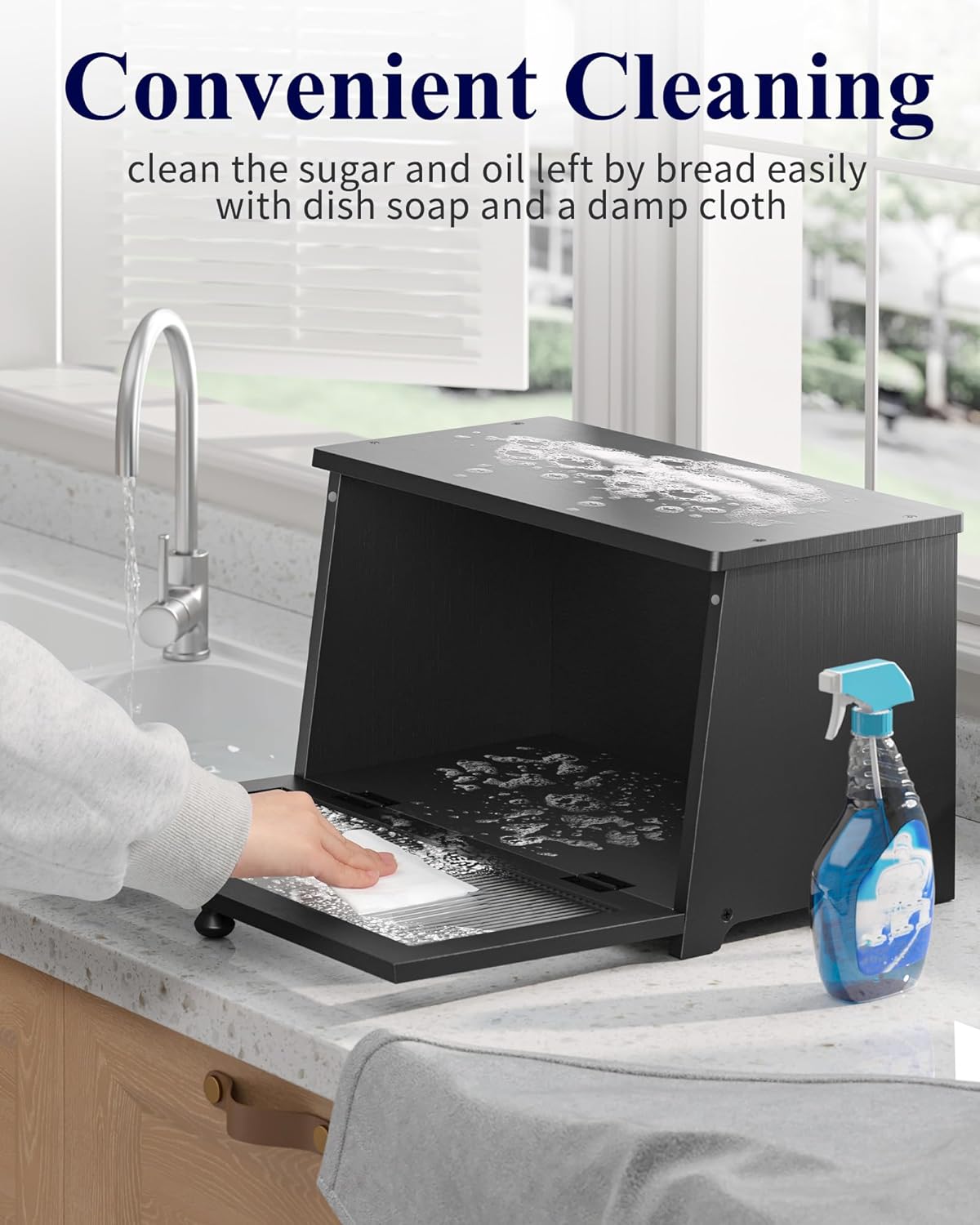 Bread Box — Wooden Bamboo Bread Box for Kitchen Countertop, Large Capacity Organizer with Magnetic Acrylic Window, Black 15.0"×8.3"×9.1"