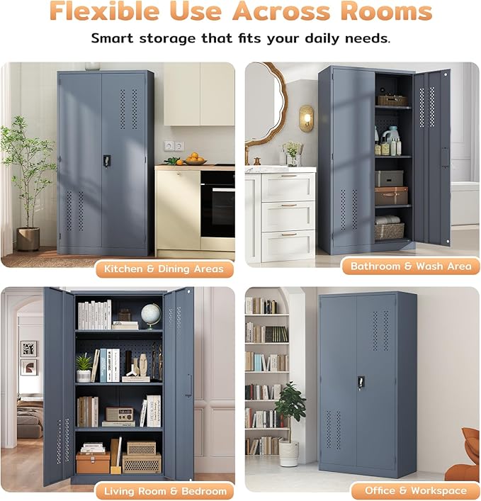 72" H Metal Storage Cabinet, Garage Storage Cabinet with 2 Doors and 4 Adjustable Shelves, Tall Lockable Cabinet for Kitchen, Office, Home or Garage(Grey)