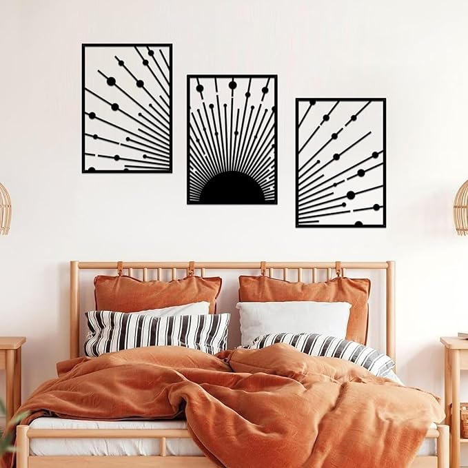 ruelen Metal Sun Wall Decor - Large Minimalist Sun Line Art Sculpture for Modern Home & Outdoor Decor, Set of 3 (40x28cm) - Nautical Black Sunshine Design