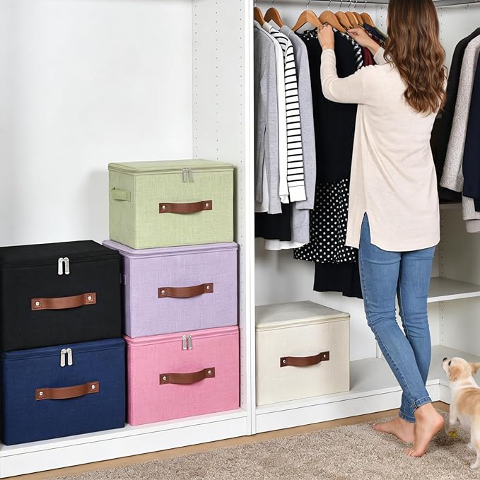 3 Pack Storage Bins with Zipper Lid Fabric Lidded Storage Boxes Baskets Cubes Washable Collapsible PU Leather Handle Cotton Linen Shelves Closet Organizer Container(Pink, Large Size)