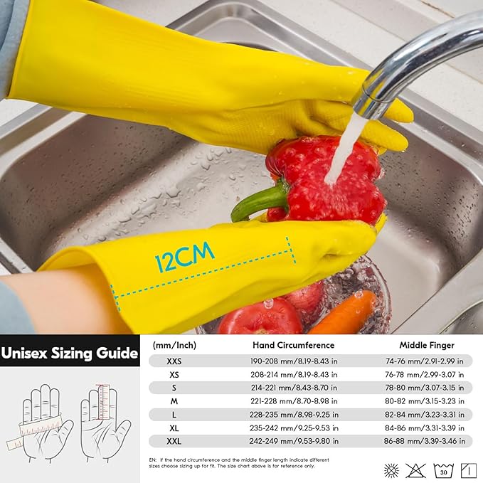 Vgo... 3-Pairs Reusable Household Gloves, Rubber Dishwashing gloves, Extra Thickness, Long Sleeves, Kitchen Cleaning, Working, Painting, Gardening, Pet Care (Size M, Yellow, HH4601)