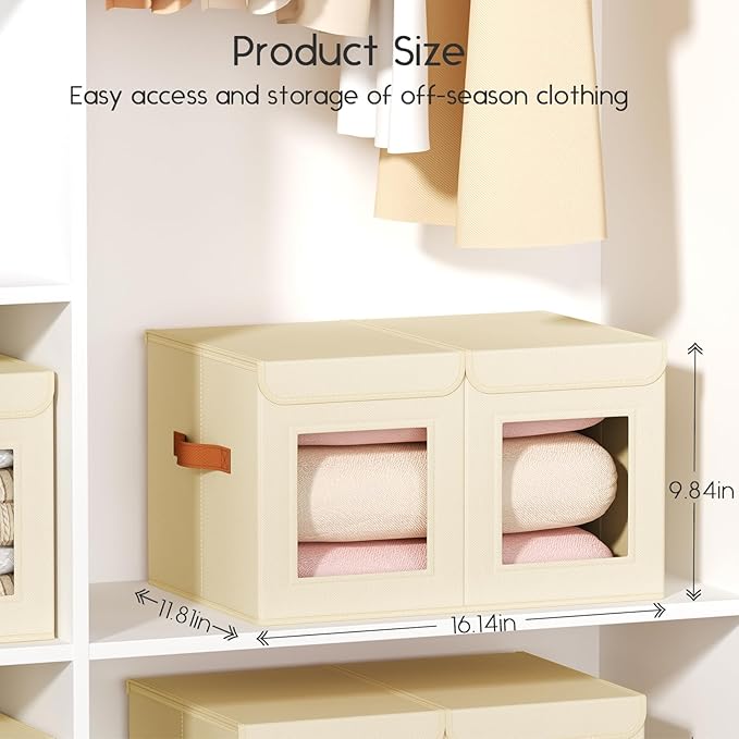 Large Closet Storage Bins - Collapsible Divided Clothes Organizer with Lids & Dual Window, Fabric Organizing Bins for Clothes, Sweater, Bedroom, Office (Beige, 3 Pack)