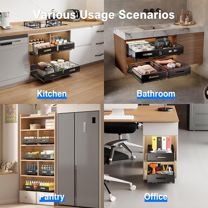 2 Pack Pull Out Cabinet Organizer, Slide Out Drawers for Cabinets, Peel and Stick, Heavy Duty Shelves for Kitchen, Cupboard, Pantry, Bathroom (16.5" D*11.8" W*3.94" H-Black)
