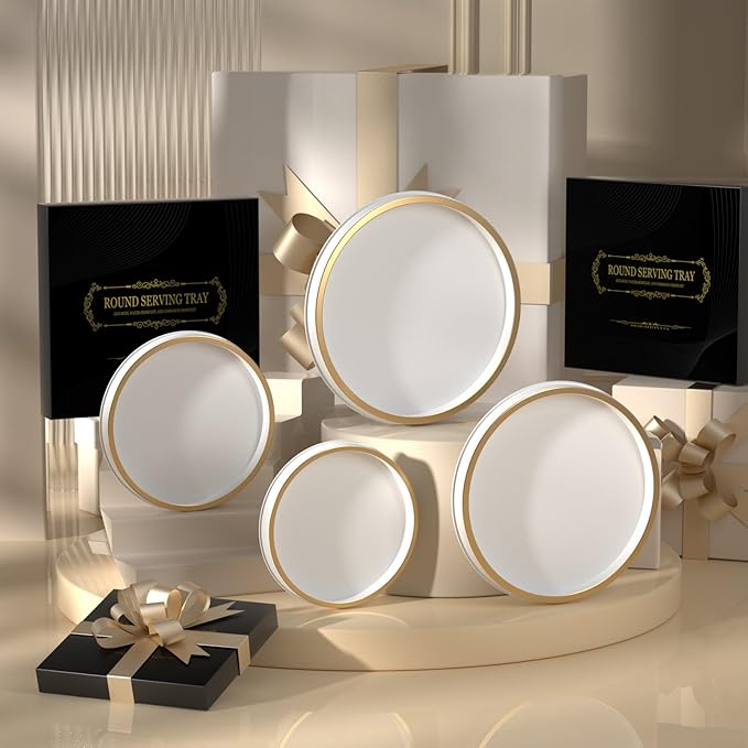 HGF Bathroom Tray for Sponge Soap, 12 Inch Lightweight Metal Round Decorative Tray for Kitchen Sink Centerpiece Countertop Organizer, Perfume Candle Vanity Trays for Bathroom Decor, White Brushed Gold
