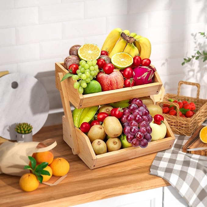 G.a HOMEFAVOR Large Bamboo Fruit Basket, 2-Tier Fruit Bowl for Kitchen Counter, Vegetable Storage Stand for Fruit Shop, 15 mm Thickness (Self-assembly)