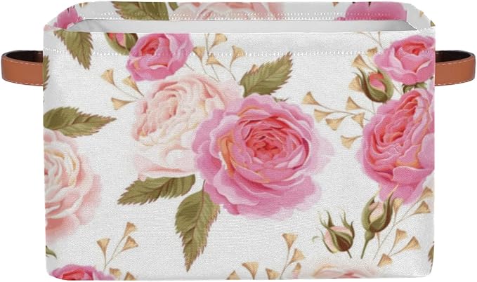 Pardick 2Pack Floral Flower Rose Large Collapsible Storage Bins,Pink Roses Decorative Canvas Fabric Storage Boxes Organizer with Handles,Rectangular Shelves Baskets Box for Home Office Nursery Closet